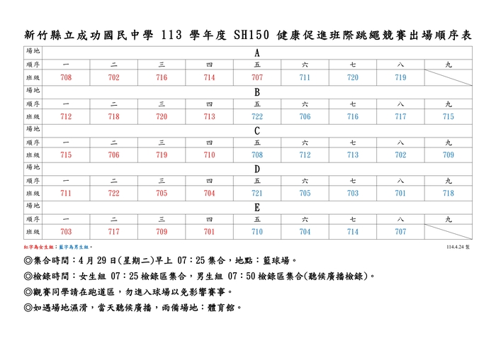 出場順序表圖片