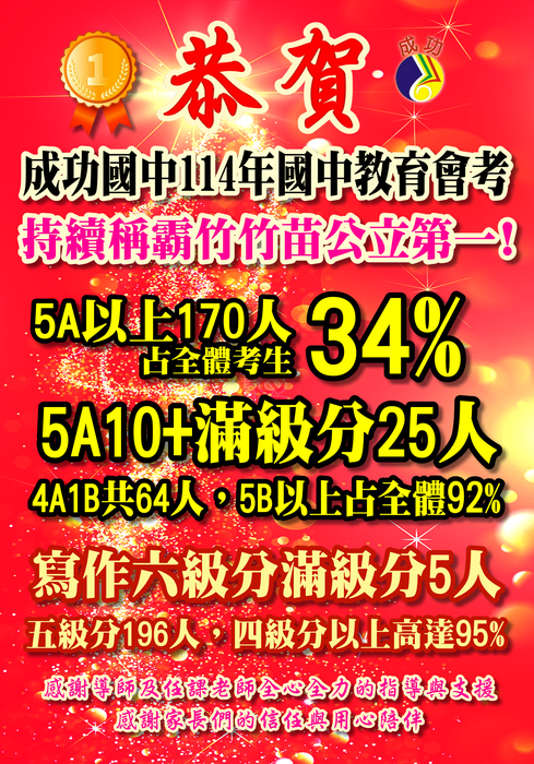 成功國中114會考成績持續稱霸竹竹苗公立學校第一圖片