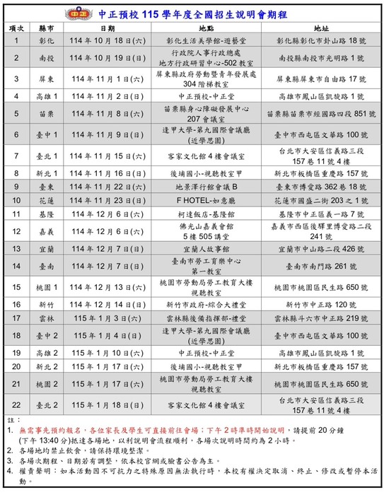 中正預校115學年說明會期程