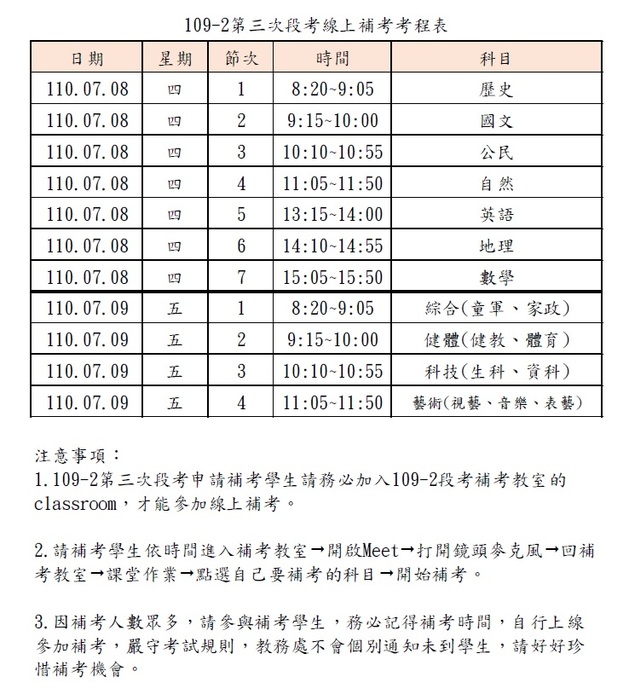 109-2第三次段考線上補考考程表